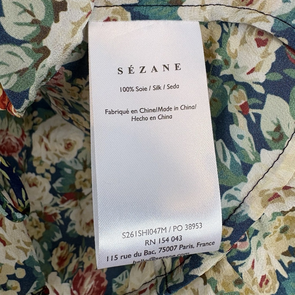 Sézane Yseline Shirt Alicante Blue Print Sz 42 Silk Floral Ruffle - Picture 7 of 13